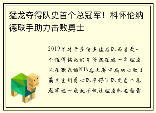 猛龙夺得队史首个总冠军！科怀伦纳德联手助力击败勇士